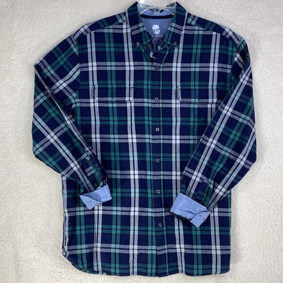 Ocean & Coast Shirts Mens XL Green Blue Plaid Button Up Long Sleeve  Flip Cuffs - Picture 1 of 12